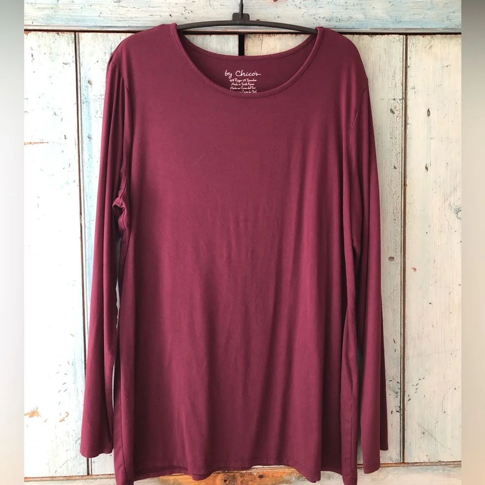 Chico’s round neck long-sleeve knit tee in eggplant, wear alone or under… - Picture 4 of 7